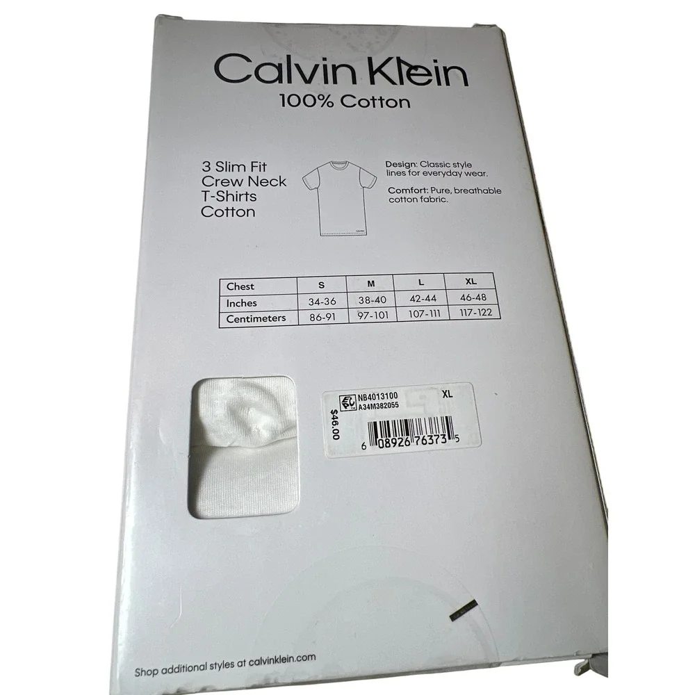 Calvin Klein 3 Pack Mens Slim Fit Crew Neck T Shirts 100 Percent Cotton White XL